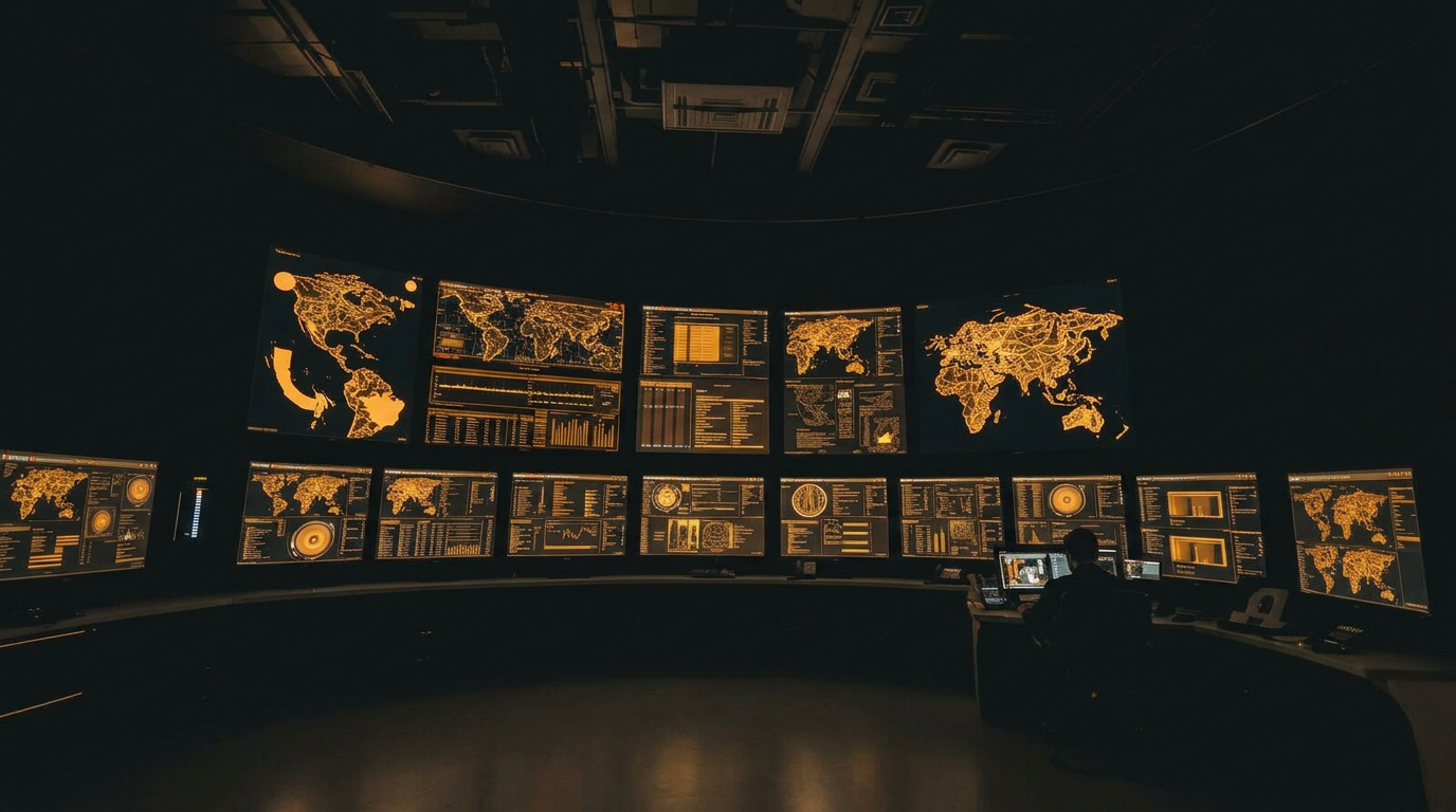 Core Technologies operations room with wall of green-lit monitoring screens