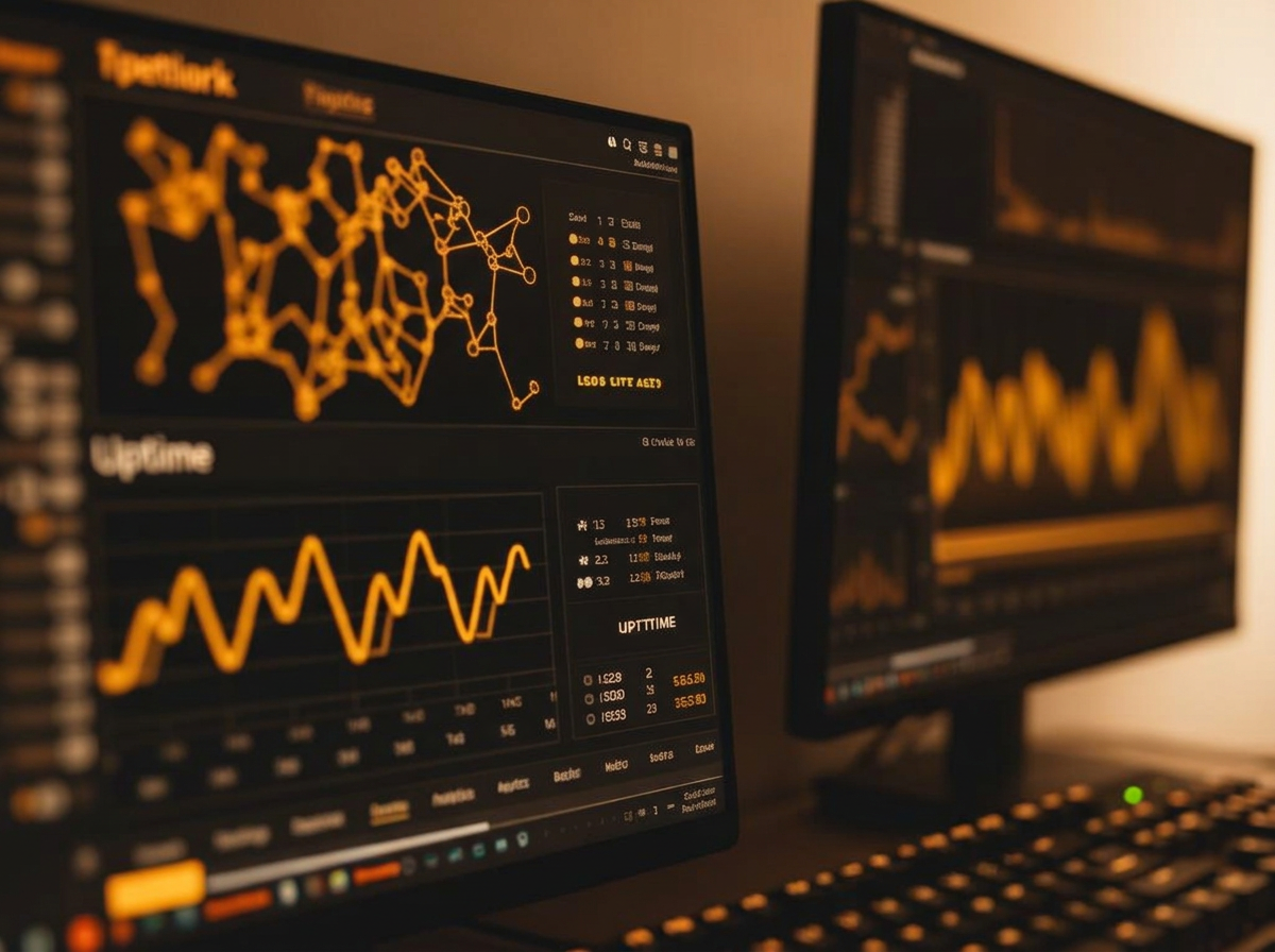 Network operations dashboards showing topology maps and uptime charts